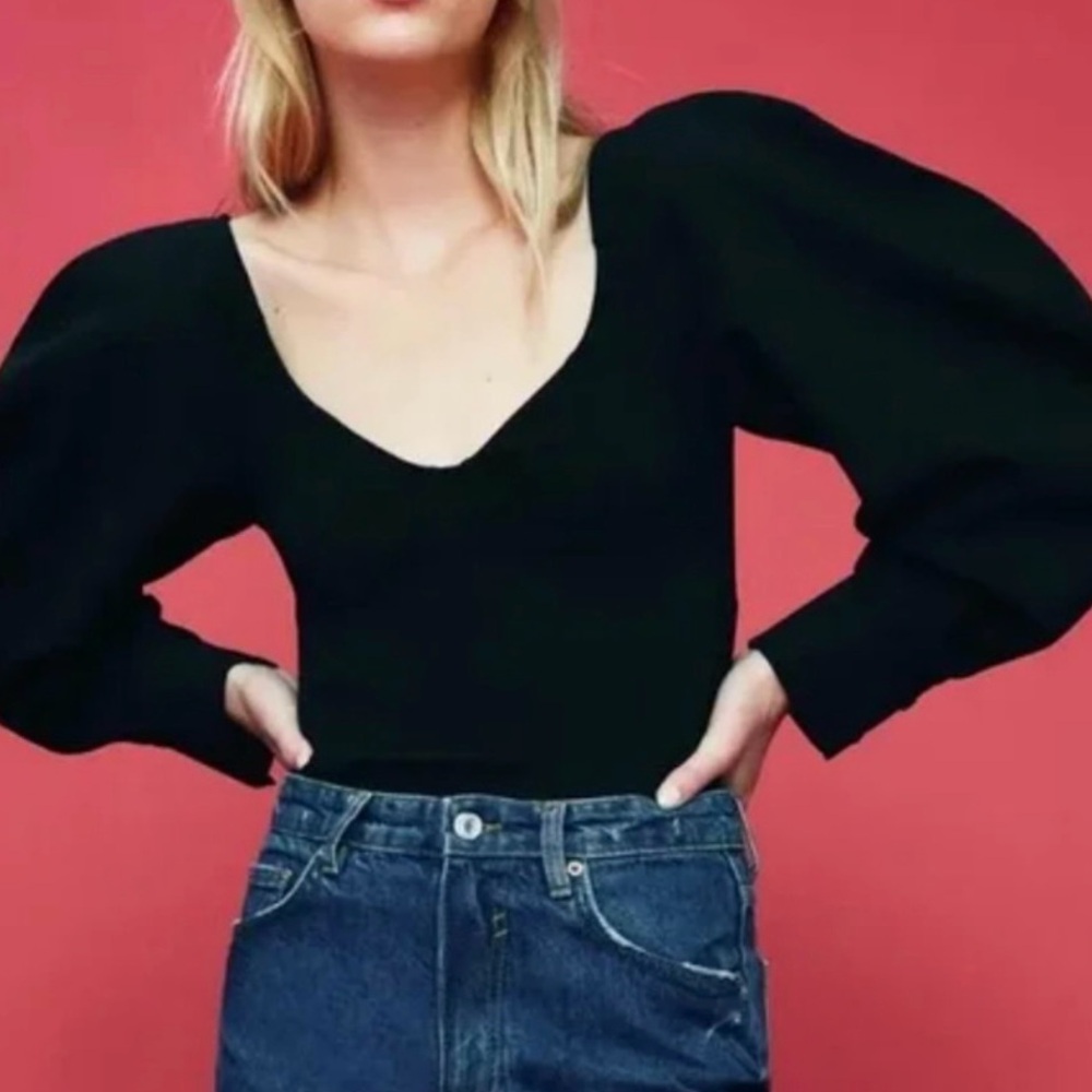 Zara Balloon Sleeve Black Bodysuit Small